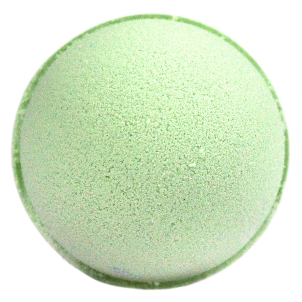 A light green, textured spherical bath bomb sits alone on a plain white background, suggesting a setting for a relaxing bath.