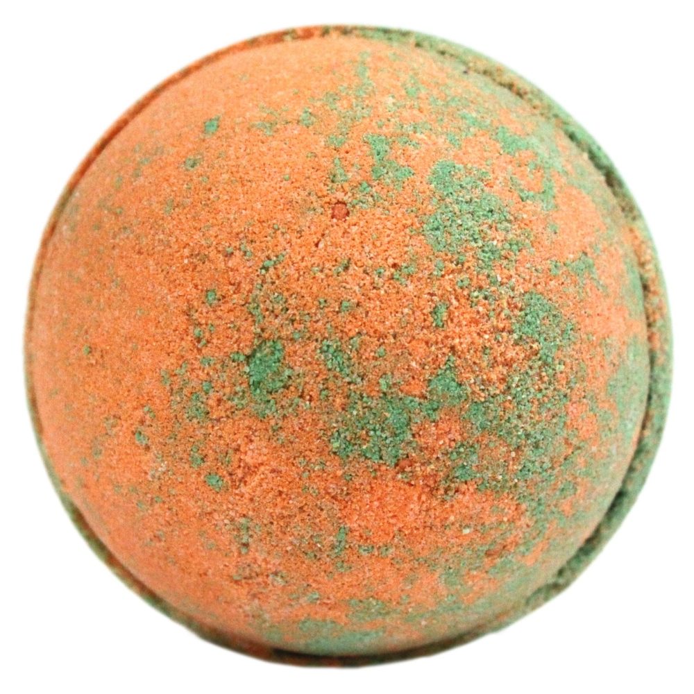A spherical bath bomb with a textured surface, featuring a mix of orange and green colors, displayed against a plain white background.