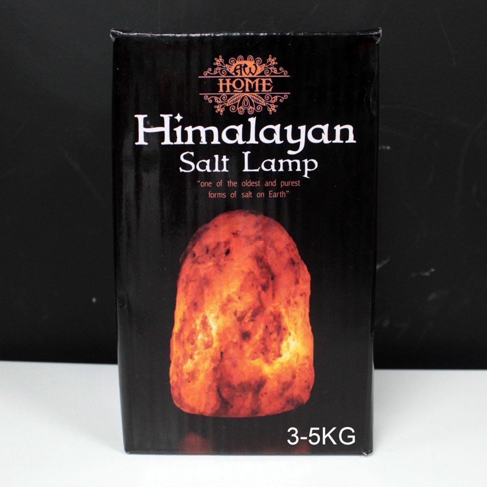 A Himalayan salt lamp is depicted on a black box. Text: "HOME Himalayan Salt Lamp 'one of the oldest and purest forms of salt on Earth' 3-5KG."