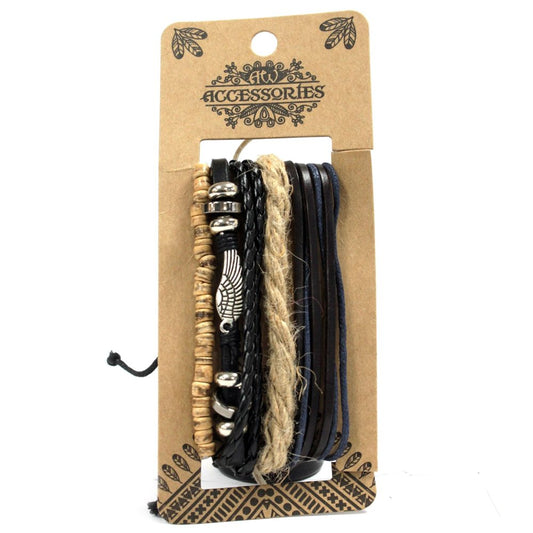 Multiple string bracelets are bundled together on a brown cardboard display, including a beaded bracelet, a braided bracelet, and leather strips. Text on the cardboard reads "ACCESSORIES".