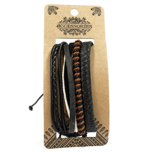 Bracelets, made of leather and string, are displayed on a cardboard tag that reads "ACCESSORIES.” The tag has decorative designs on its top and bottom.