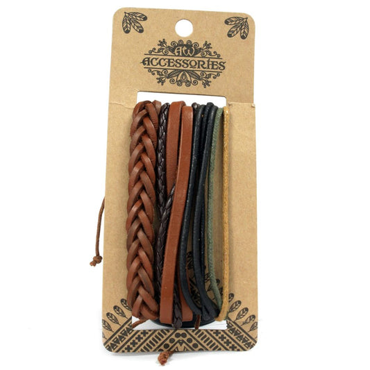 A set of braided and plain leather-like bracelets is displayed on a cardboard tag, with “Accessories” and decorative icons printed on it.