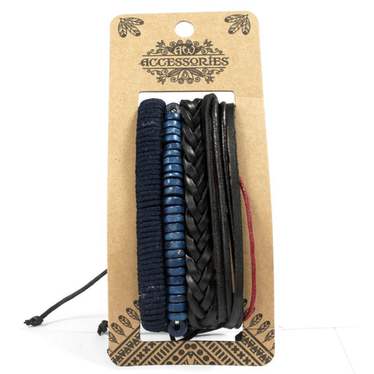 Bracelets are displayed on cardboard packaging, with the word “ACCESSORIES” printed at the top. The bracelets include a blue corded band, a string of blue beads, and braided black leather, among others, against a white background.