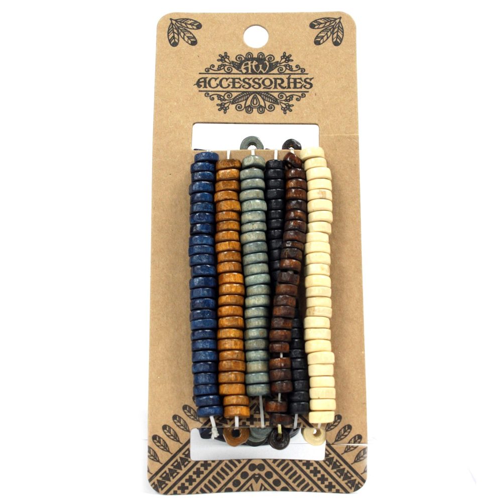 A set of six colorful wooden bead bracelets is strung together and displayed on a brown cardboard tag that reads "ACCESSORIES".