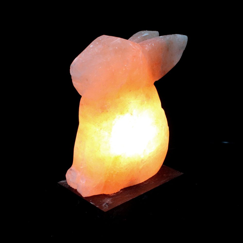 A rabbit-shaped salt lamp emits a warm, glowing light, set against a dark background, creating a soft, ambient atmosphere.