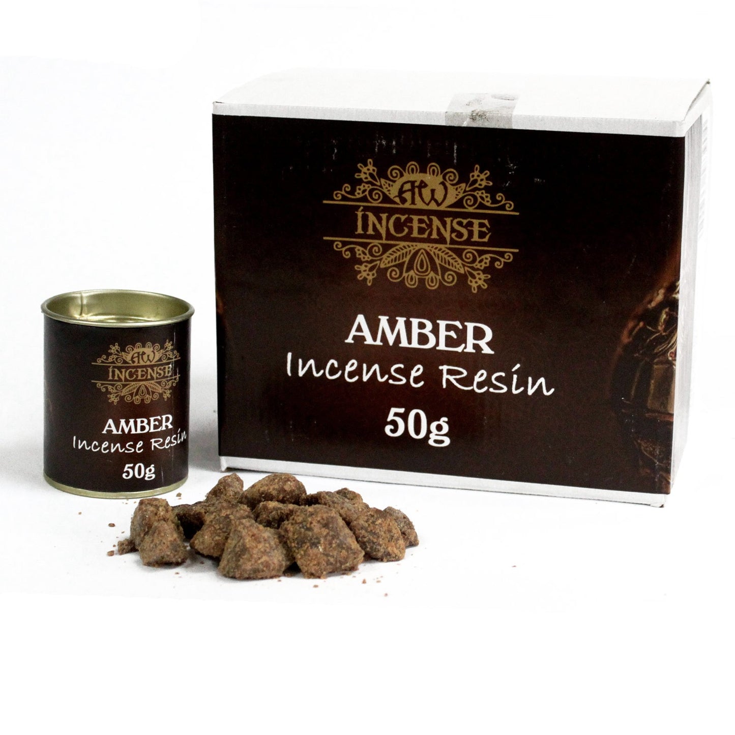 A collection of brown resin chunks lies beside a labeled tin and box. Text: "AW Incense, Amber Incense Resin, 50g." The objects rest on a plain white surface.