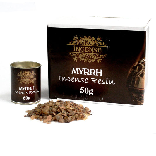 Incense resin lies in front of a small container and a box labeled "FW Incense, Myrrh Incense Resin, 50g," featuring ornate gold designs, against a plain white background.