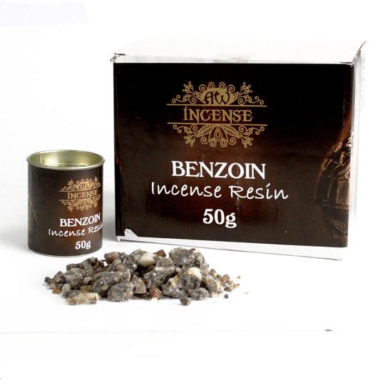 A black box labeled "FW INCENSE BENZOIN Incense Resin 50g" stands next to a matching cylindrical container with similar text. A pile of gray resin pieces is scattered in front.