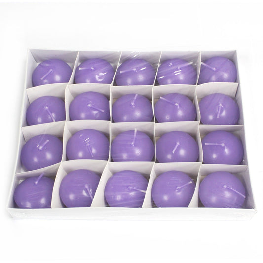 Purple spherical candles arranged in a white divided cardboard box in a five by four grid, each glossy with a short white wick on a white background.