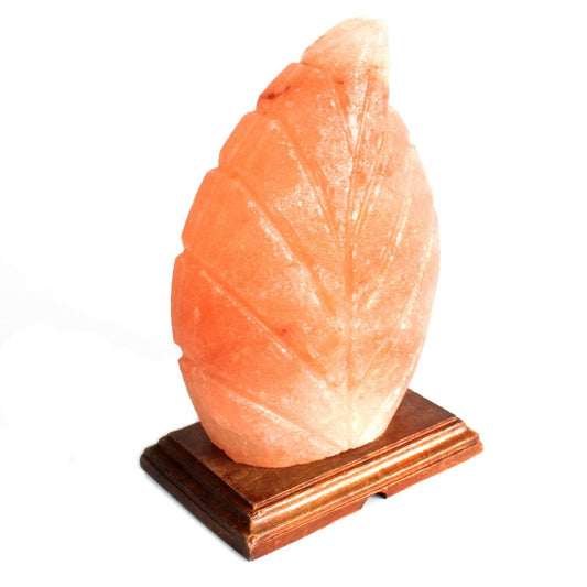 A pink Himalayan salt lamp, sculpted into a leaf shape, rests on a wooden base, suggesting a decorative and ambient setting.