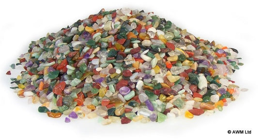 A pile of multicolored, semi-transparent tumbled stones sits against a plain white backdrop. Text: © AWM Ltd. is visible in the bottom right corner.