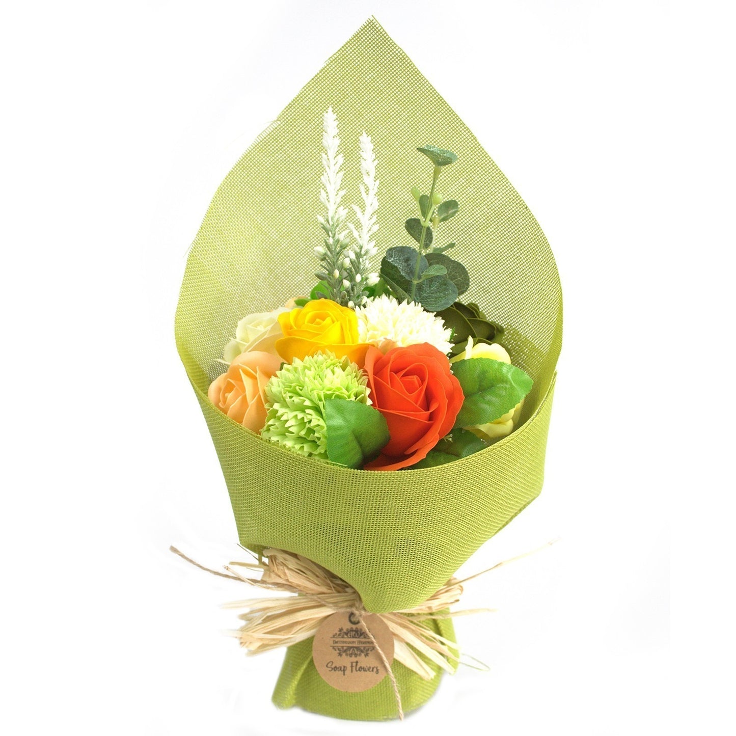 A floral bouquet of soap flowers is wrapped in green fabric and tied with raffia on a white background; the tag reads “Soap Flowers.”