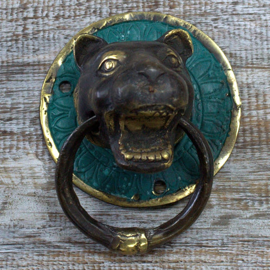 A bronze lion's head door knocker, with a ring, is mounted on a teal and gold circular plate. It is affixed to a rustic wood surface.