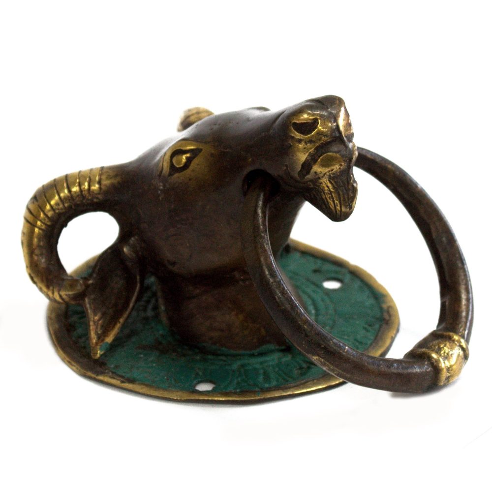 A bronze ox head forms a door knocker, its ring encircling the head; it's mounted on a teal-green base.