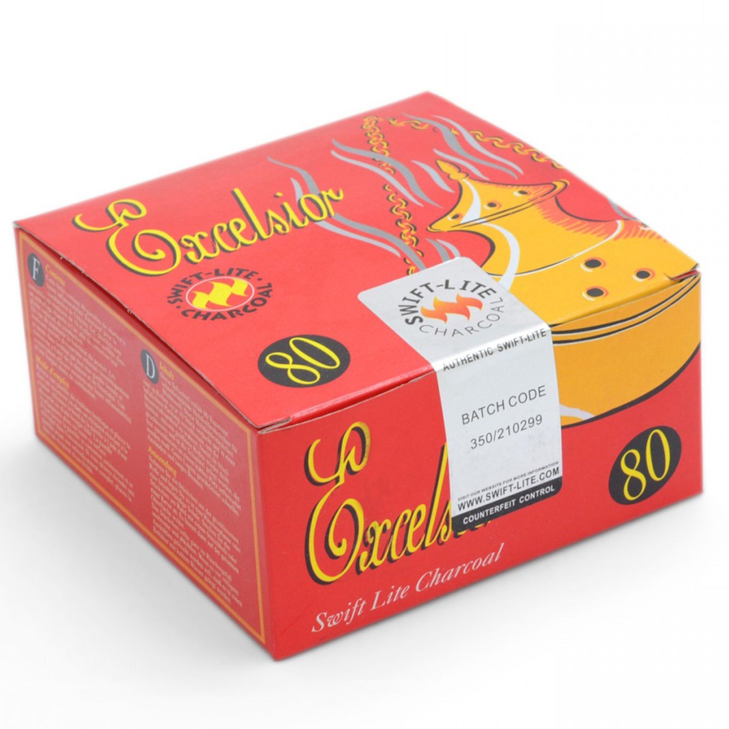 A red box labeled "Excelsior" contains Swift Lite Charcoal, featuring an illustration of a lit incense burner. It displays "80" in multiple places, along with a batch code: 350/210299.