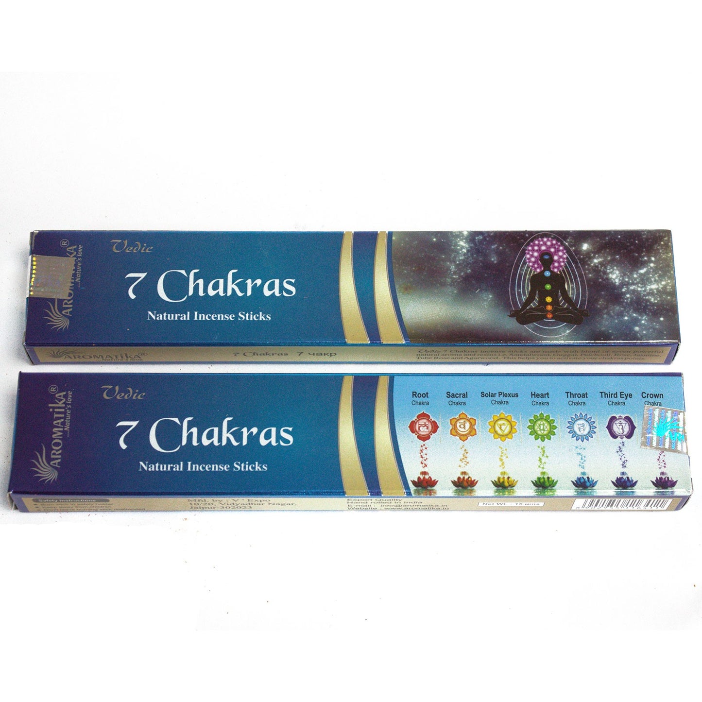 Incense package labeled "Vedic 7 Chakras Natural Incense Sticks" featuring chakra symbols with colors on a blue background. A meditative figure is shown, surrounded by stars. Brand name: Aromatika.