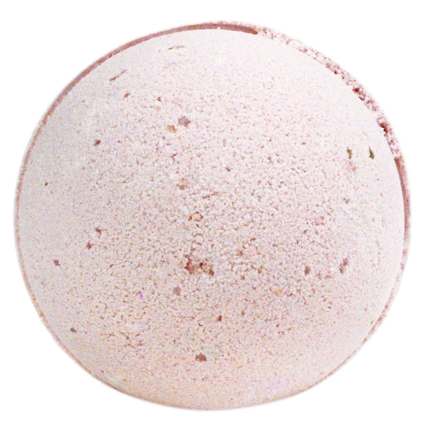 Round bath bomb with a pink hue and textured surface, resting on a plain white background.