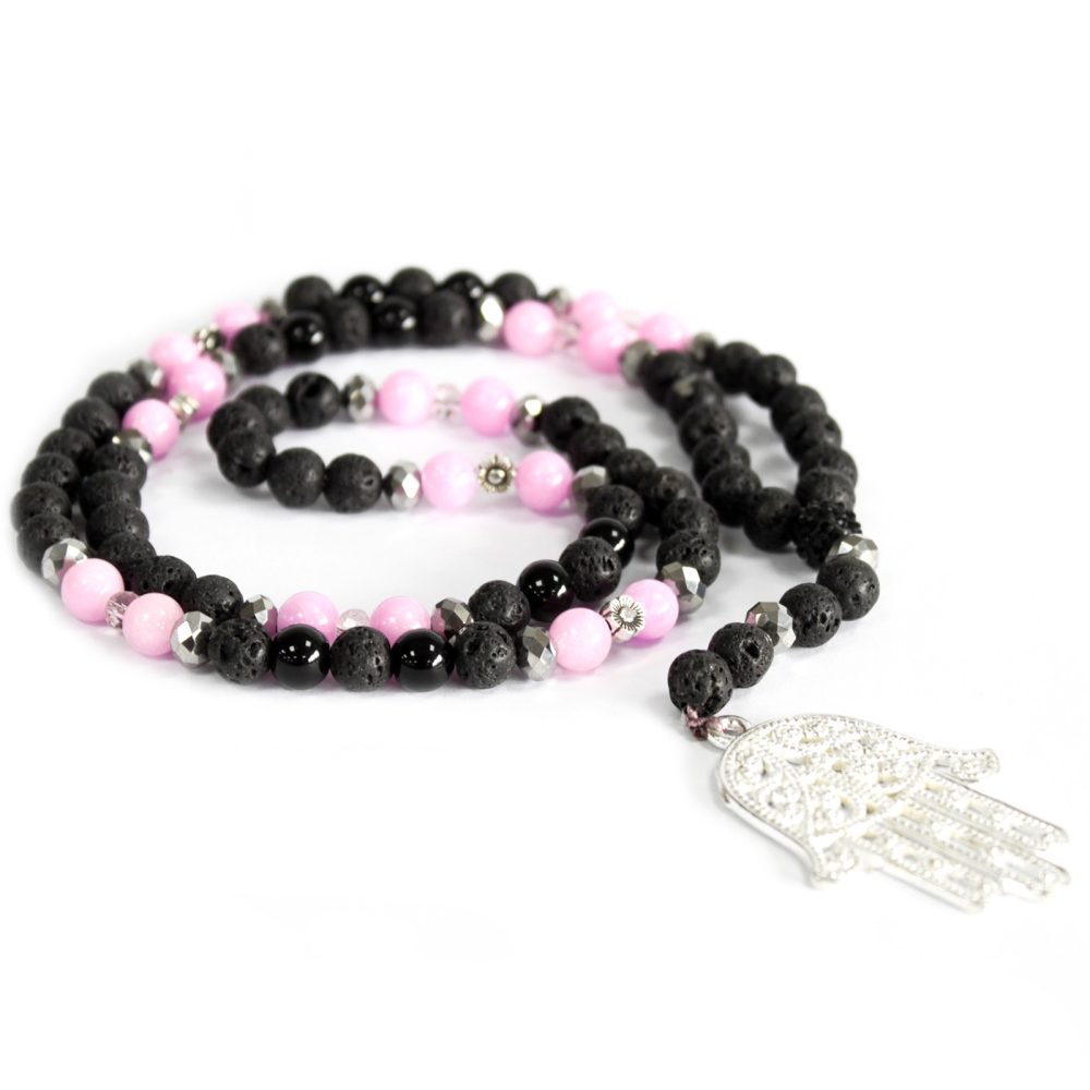 Hamsa / Pink and Black - Gemstone Necklace