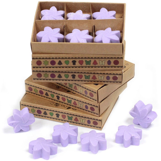 Lavender-scented wax melts, shaped like flowers, are arranged in a stack of cardboard boxes decorated with a repeating pattern of nature-inspired icons.