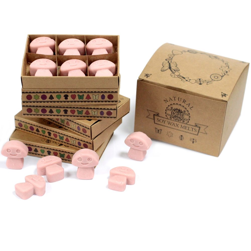 Pink mushroom-shaped soy wax melts are packaged in a stack of small, decorated boxes and a larger box labeled “NATURAL SOY WAX MELTS”.