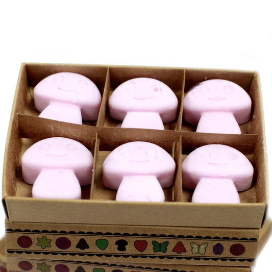 Six pink mushroom-shaped wax melts are contained within a partitioned cardboard box. The box sits atop a stack of similar boxes.