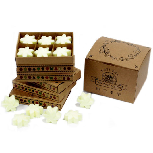 Star-shaped soy wax melts are packaged in multiple small, decorated boxes and a larger gift box.  The larger box reads: "NATURAL SOY WAX MELTS".
