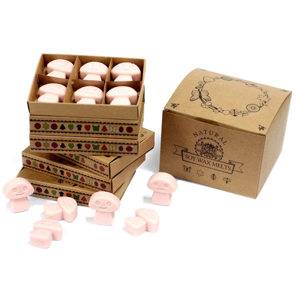 Pink mushroom-shaped soy wax melts are arranged in a stack of kraft boxes.  One box is separate, displaying “NATURAL” above “SOY WAX MELTS” with a small logo.