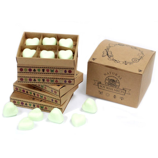 Heart-shaped soy wax melts are packaged in kraft boxes; some are stacked, others are scattered nearby.  The box reads:  "NATURAL" over a logo that says "MY HOME", and then "SOY WAX MELTS".