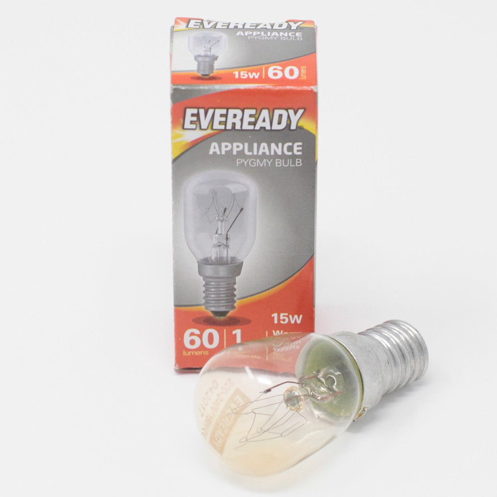 A small light bulb lies in front of a red box with text: "EVEREADY APPLIANCE PYGMY BULB, 15W, 60 lumens, 1 warm white." The background is plain white.