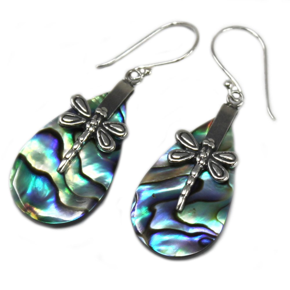 Shell and Silver Earrings - Dragonflies - Abalone