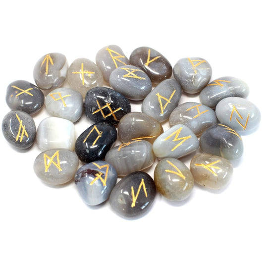 Runestones are arranged on a white background, with gold rune symbols inscribed on their surfaces. The stones are various shades of grey and black.