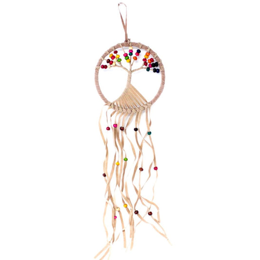 A beige circular dreamcatcher, adorned with a multicolored beaded tree, hangs against a white background. Long beige strands with small colorful beads hang from the bottom.