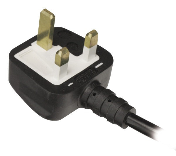 A UK three-pin electrical plug, attached to a black cable, with brass pins facing up. It's positioned against a plain white background, indicating no active use.