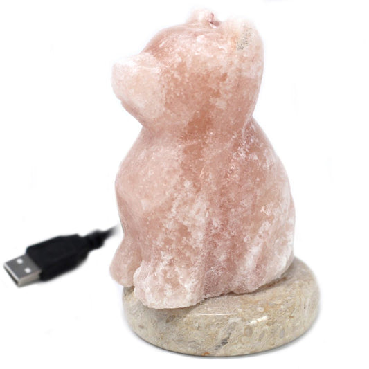 A carved pinkish salt lamp shaped like a sitting cat rests on a round stone base, accompanied by an attached USB cable for power in a plain, white background.
