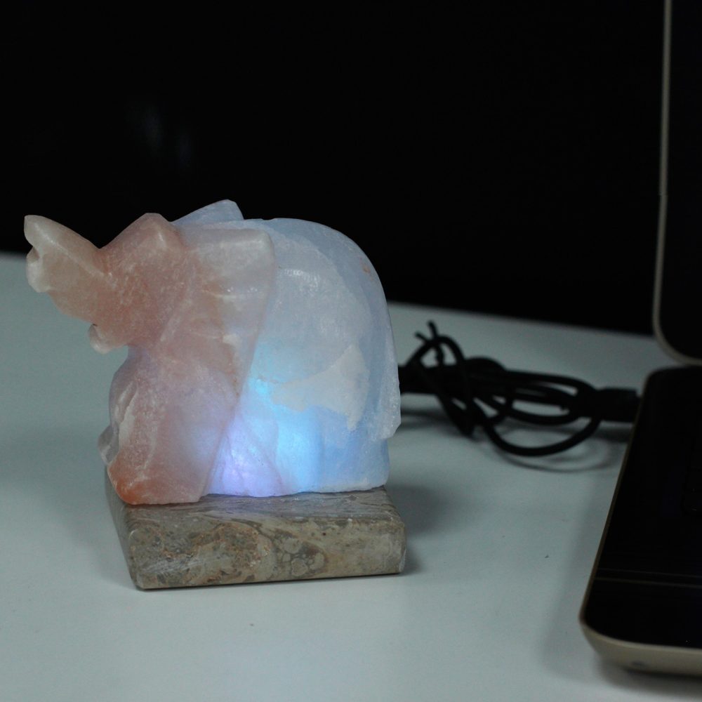 A carved stone elephant glows with blue light, placed on a stone base. It's situated on a white surface next to a laptop, with wires visible in the background.