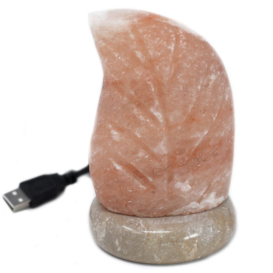A leaf-shaped salt lamp rests on a smooth stone base with a USB cable extending from it. It’s set against a plain, white background.
