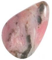 A rounded teardrop-shaped pink rhodonite stone, with dark gray to black spots, sits against a white, featureless backdrop.