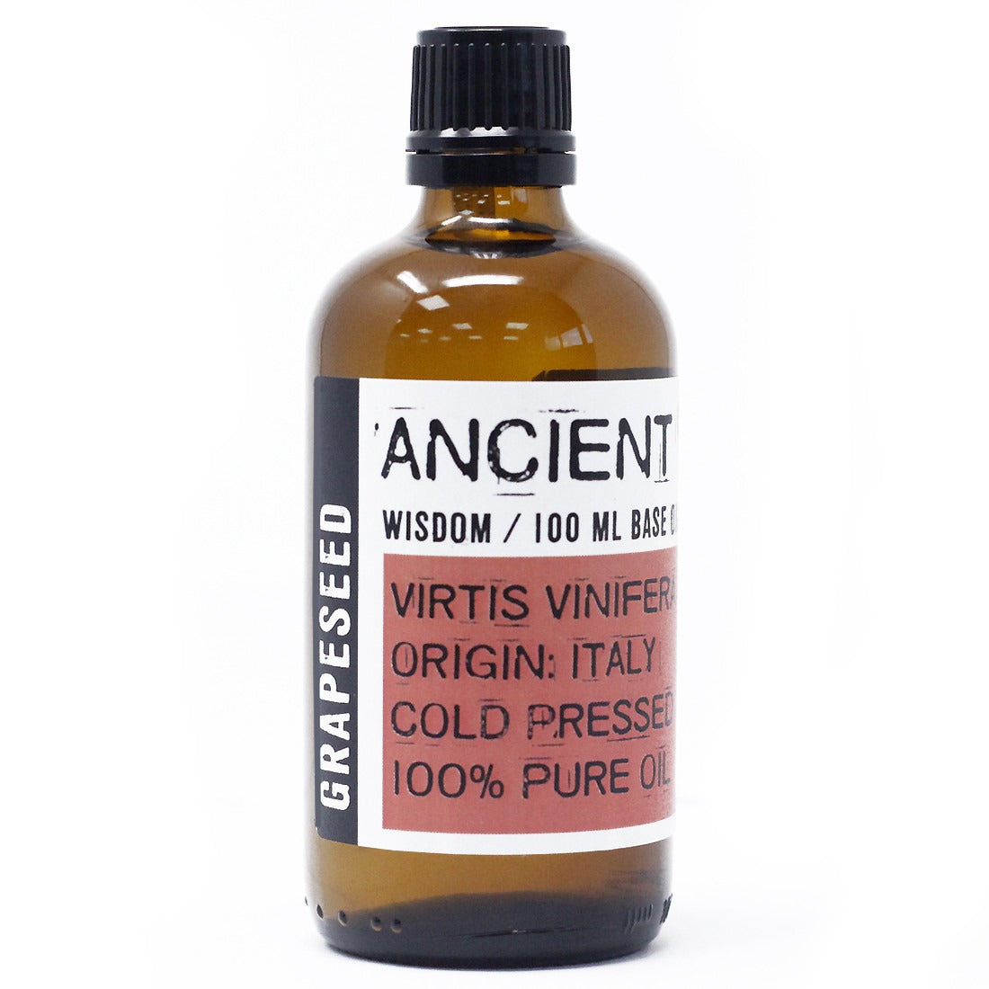 A bottle of grapeseed oil sits against a white background. The bottle's label reads: "GRAPESEED," "ANCIENT WISDOM / 100 ML BASE," "VIRTIS VINIFER," "ORIGIN: ITALY," "COLD PRESSED," and "100% PURE OIL."