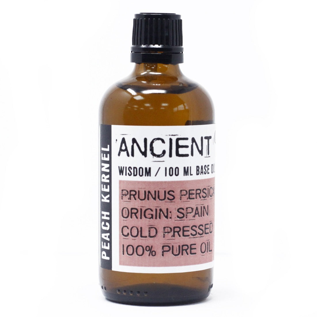 The brown bottle displays a label reading "PEACH KERNEL, ANCIENT WISDOM / 100 ML BASE O, PRUNUS PERSICA, ORIGIN: SPAIN, COLD PRESSED, 100% PURE OIL." against a white background.