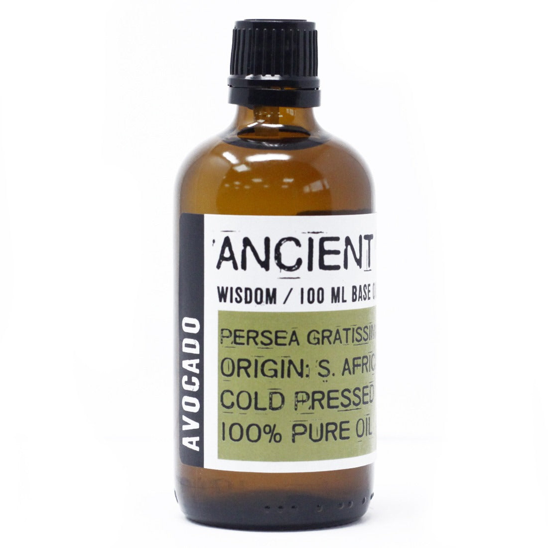 A brown glass bottle holds oil, as indicated by labels reading: "AVOCADO," "ANCIENT WISDOM / 100 ML BASE," "PERSEA GRATISSIMA," "ORIGIN: S. AFRIC," "COLD PRESSED," and "100% PURE OIL;" the bottle is isolated against a white background.
