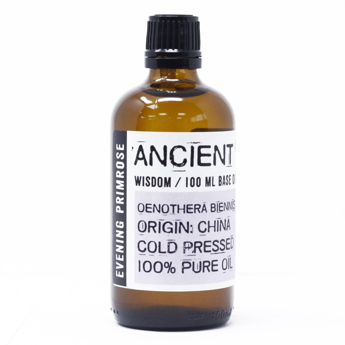 A bottle filled with oil sits in a white space. The bottle has a white label that reads: "EVENING PRIMROSE ANCIENT WISDOM / 100 ML BASE O OENOTHERA BIENNIS ORIGIN: CHINA COLD PRESSED 100% PURE OIL".