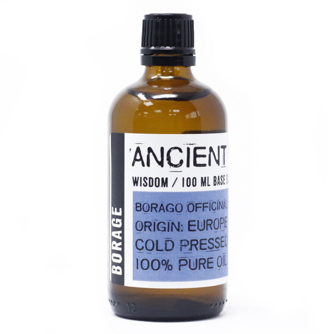 A small brown glass bottle labeled "ANCIENT WISDOM / 100 ML BASE" stands on a white surface. The label also reads "BORAGO OFFICINAL, ORIGIN: EUROPE, COLD PRESSED, 100% PURE OIL" and "BORAGE."