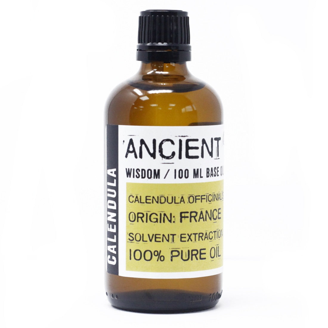 An amber bottle is standing on a white background with a label that reads "ANCIENT WISDOM / 100 ML BASE" and "CALENDULA OFFICINALIS ORIGIN: FRANCE SOLVENT EXTRACTION 100% PURE OIL.” A smaller label on the side reads “CALENDULA”.