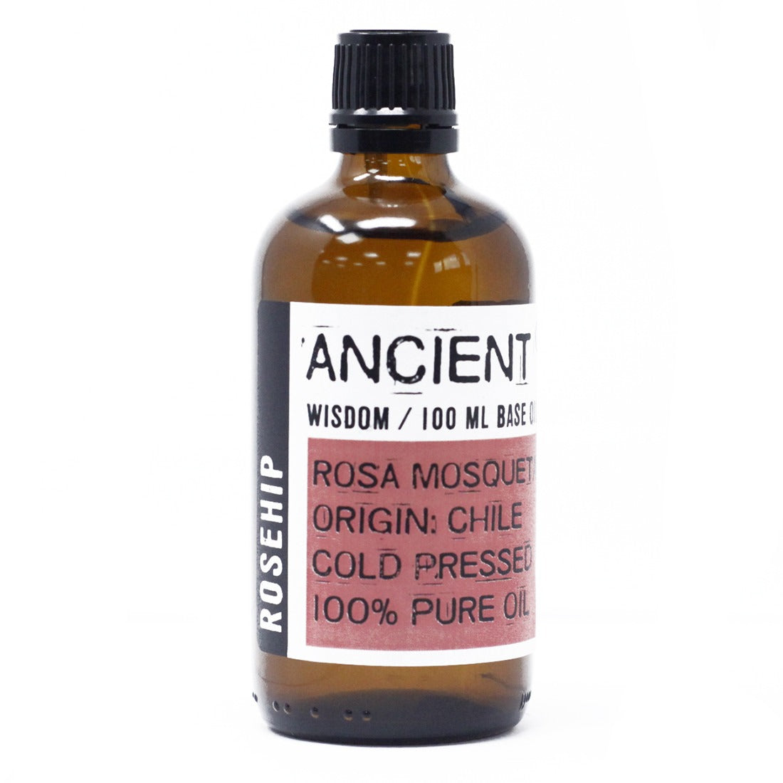 A brown glass bottle filled with oil stands against a white background. A label reads "ROSEHIP", "ANCIENT WISDOM / 100 ML BASE O", "ROSA MOSQUET", "ORIGIN: CHILE", "COLD PRESSED", and "100% PURE OIL".