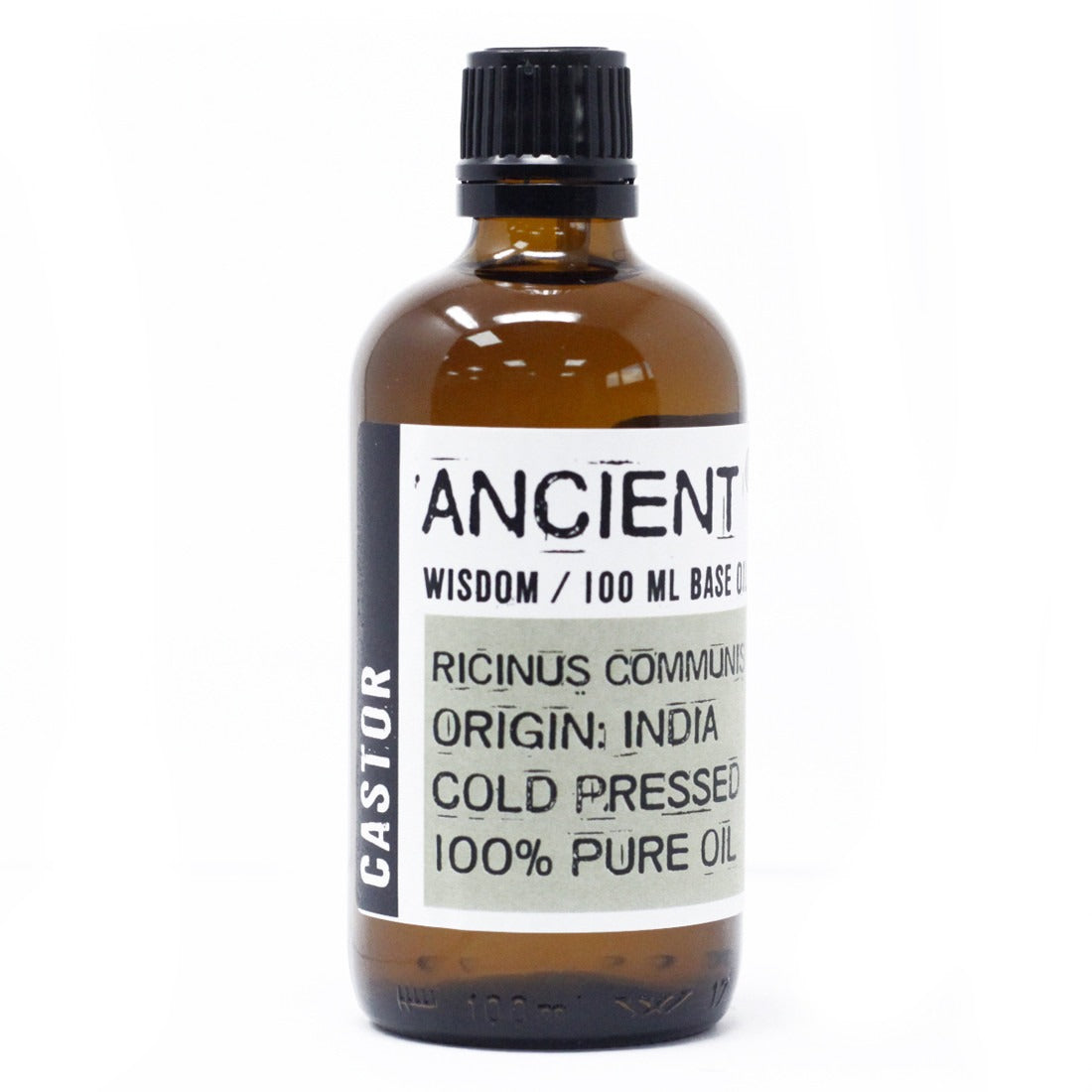 A brown glass bottle of "ANCIENT WISDOM / 100 ML BASE O" castor oil with "RICINUS COMMUNIS / ORIGIN: INDIA / COLD PRESSED / 100% PURE OIL" sits on a white surface.