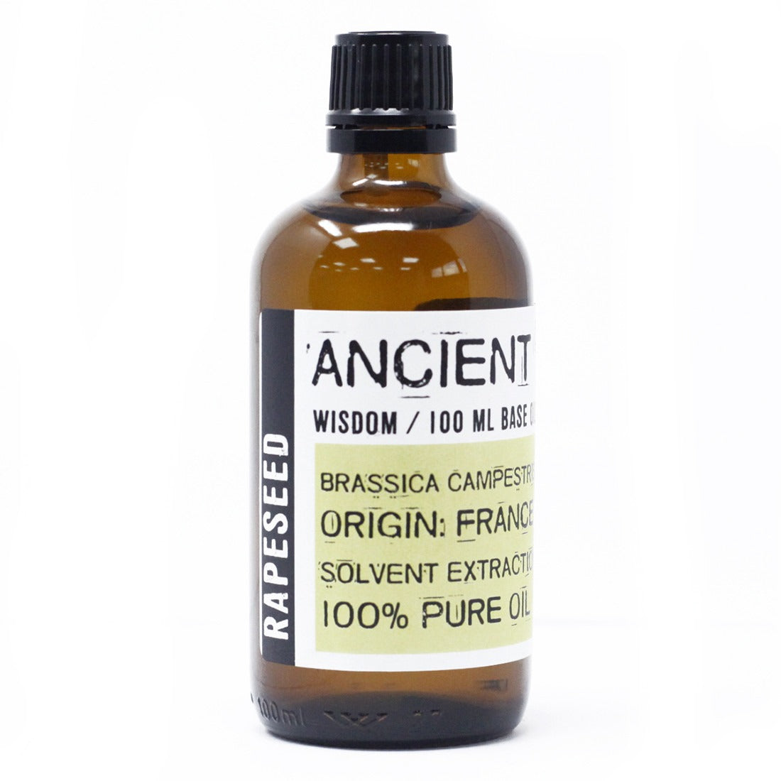 A small brown glass bottle of rapeseed oil stands, its label reading "ANCIENT WISDOM / 100 ML BASE, BRASSICA CAMPESTR, ORIGIN: FRANCE, SOLVENT EXTRACTIO, 100% PURE OIL" on a white background.