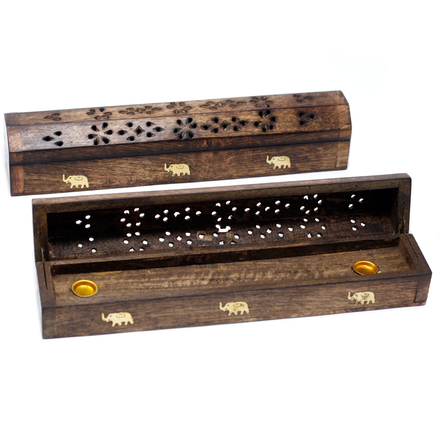 Wooden incense holder with elephant carvings. The top lid, featuring floral cutouts, is open, revealing two golden incense slots inside. The background is plain white.
