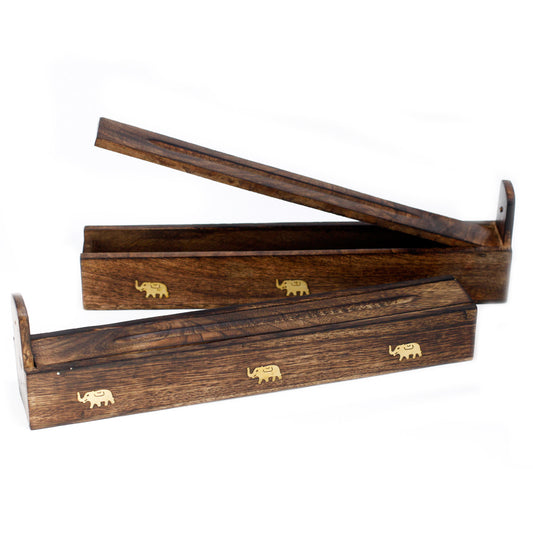 Wooden incense holders with decorative gold elephant inlays are shown; one holder's lid is propped open, displaying a simple rectangular design on a white background.