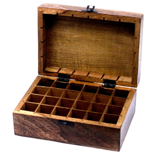 A hinged wooden box, open on a white surface, contains twenty-five square compartments, seemingly for storing small items.