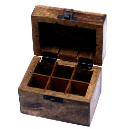 A hinged, wooden box with six compartments inside is open, revealing the interior. The metal hardware is dark against the lighter, grainy wood. The backdrop is white.